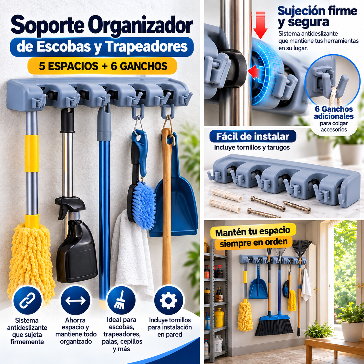 SOPORTE DE PARED PARA ESCOBAS Y TRAPEADORES