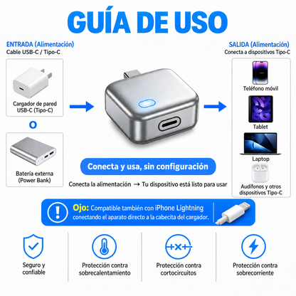 Cargador inteligente USB-C, función de desconexión automática.