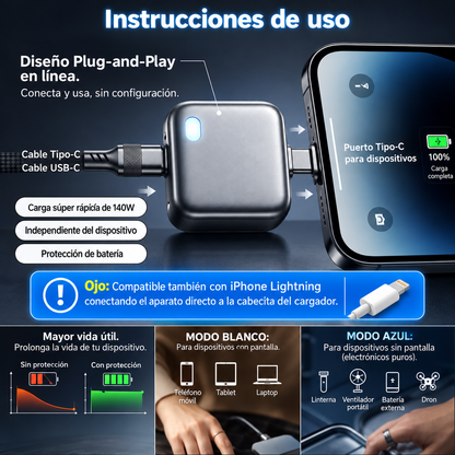 Cargador inteligente USB-C, función de desconexión automática.