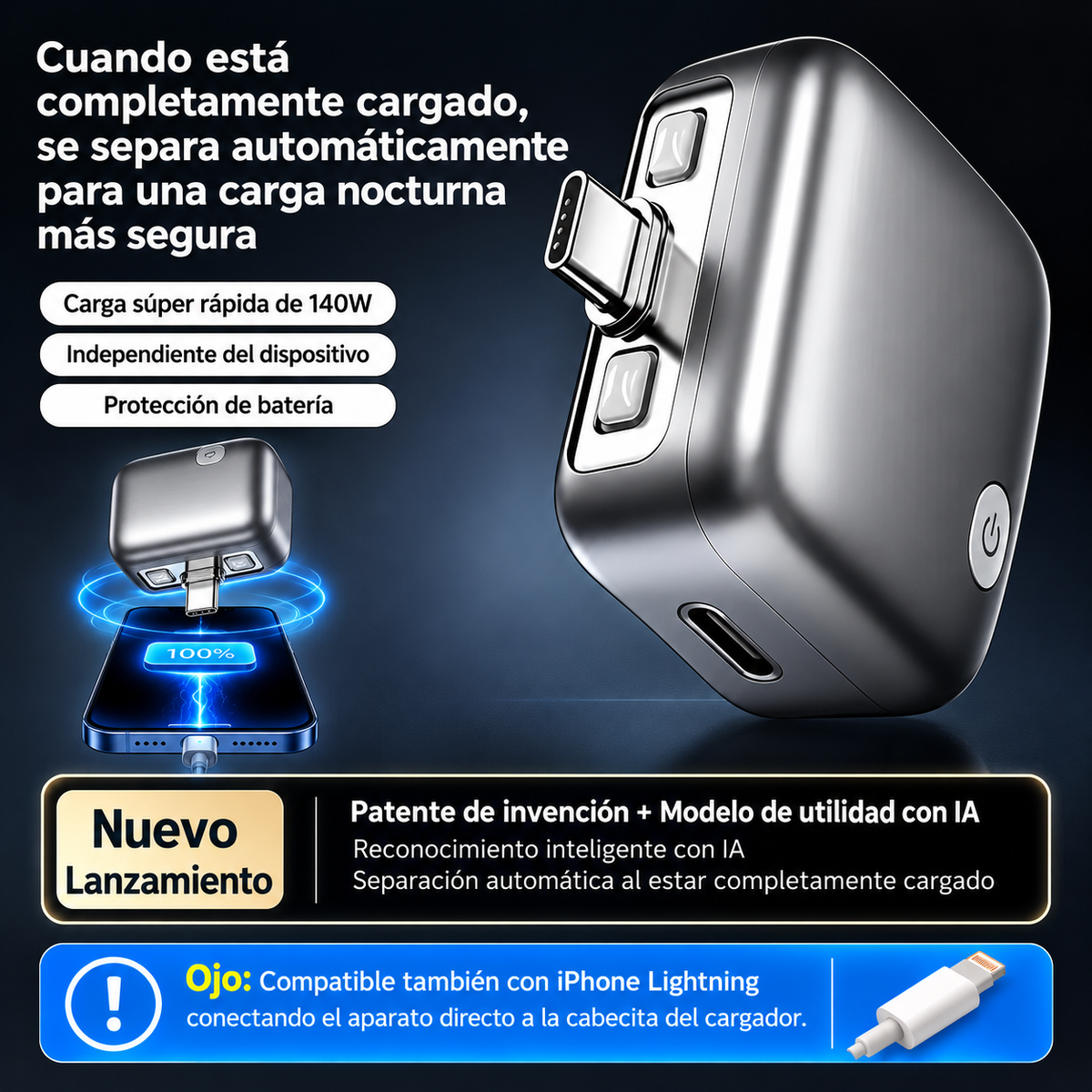 Cargador inteligente USB-C, función de desconexión automática.