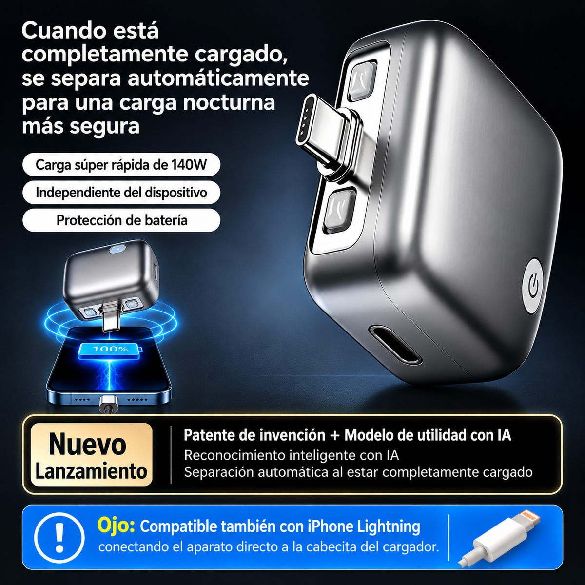 Cargador inteligente USB-C, función de desconexión automática.