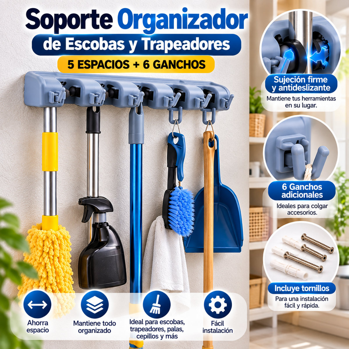 SOPORTE DE PARED PARA ESCOBAS Y TRAPEADORES